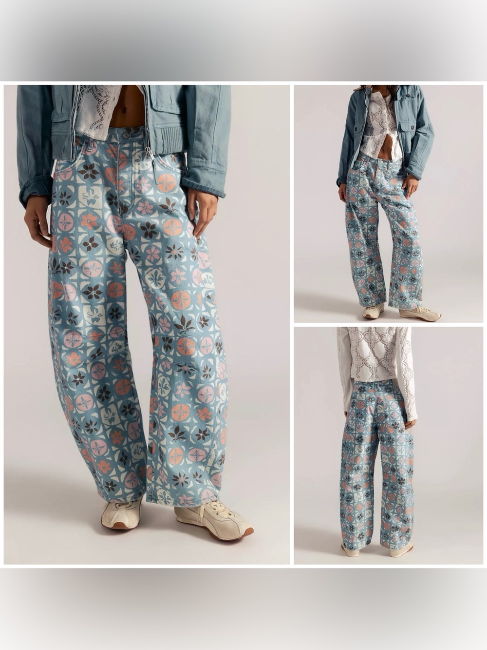 NWOT Free People We The Free Good Luck Printed Barrel Jeans - Jade Combo - 26